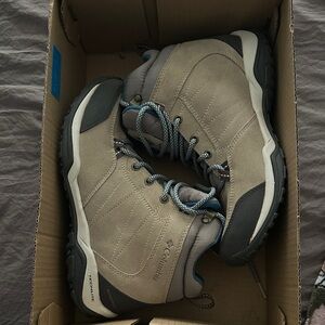 Columbia Taupe and Dark Gray Suede Hiking Boots with Blue Accents